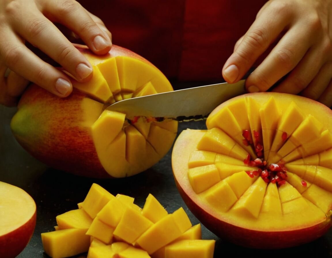 Fruchtfleisch abnehmen, fertig zum Servieren - Wie schneidet man eine Mango: Schritt-für-Schritt-Anleitung für perfektes Fruchtfleisch