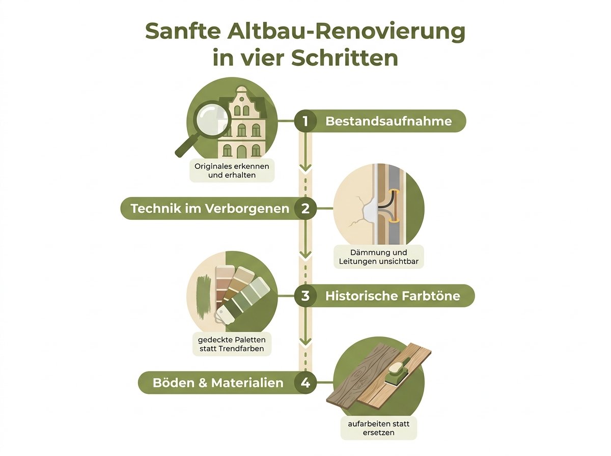 Infografik: sanfte Altbau-Renovierung in vier Schritten von Bestandsaufnahme bis Böden