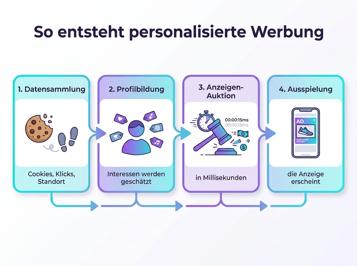 Infografik: vier Schritte von der Datensammlung über Profilbildung und Auktion zur Anzeige