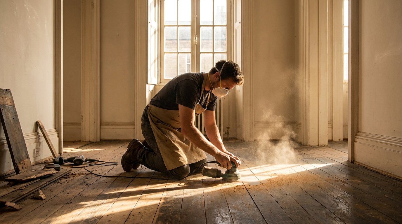 Handwerker arbeitet einen alten Dielenboden in einer Altbauwohnung sorgfältig auf