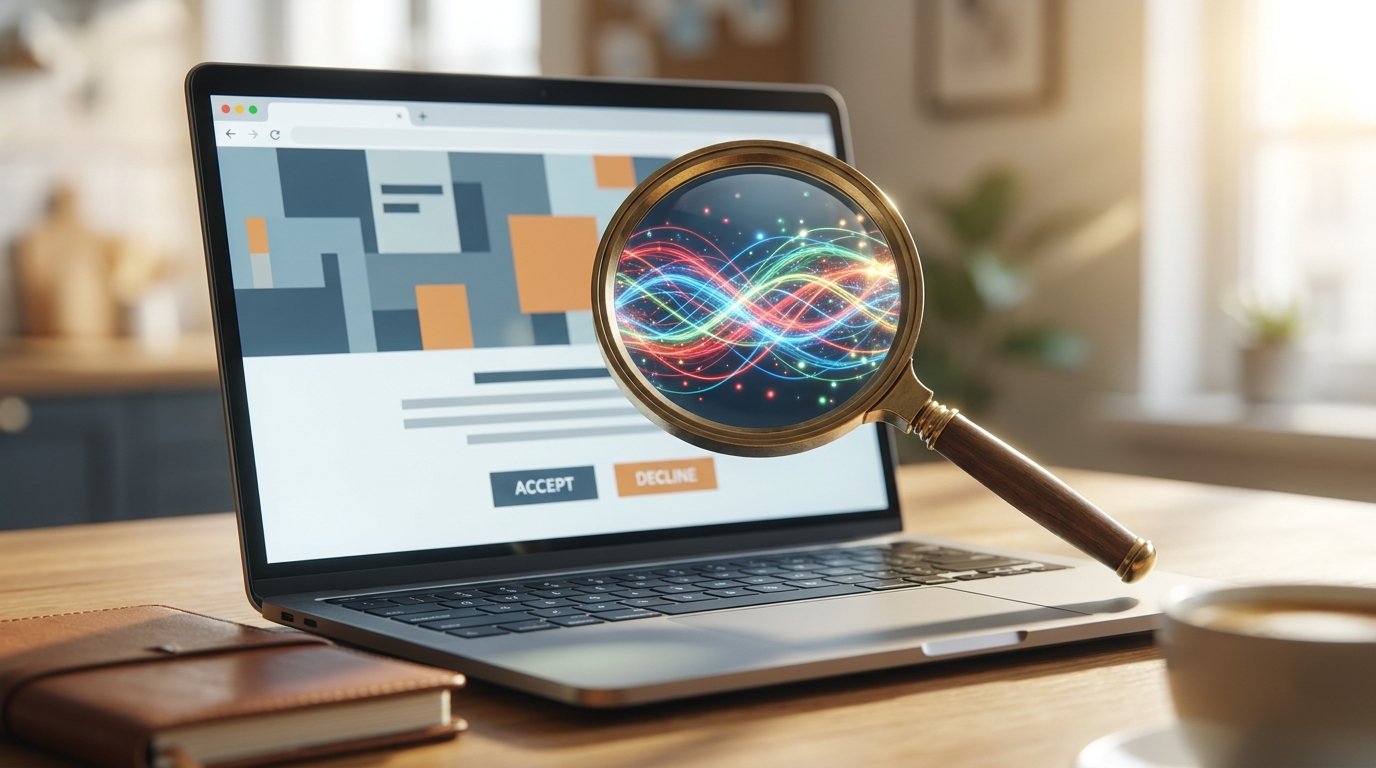 Laptop mit Cookie-Einwilligungsbanner und Lupe als Symbol für Datentransparenz